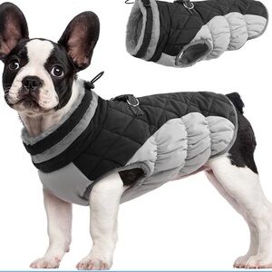 Quilted Black & Gray Dog Coat with Harness Opening